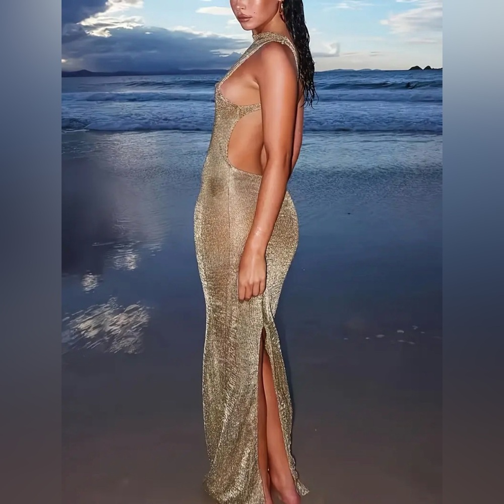 SHEIN Sheer Gold Bikini Cover Up Backless Dress - Picture 3 of 15
